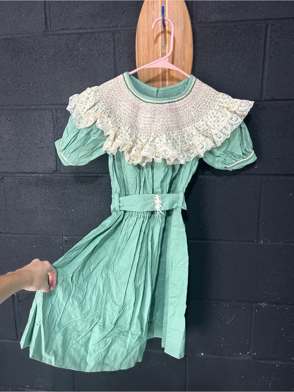 Girls' Mint Green Lace-Trim Smocked Collar Dress